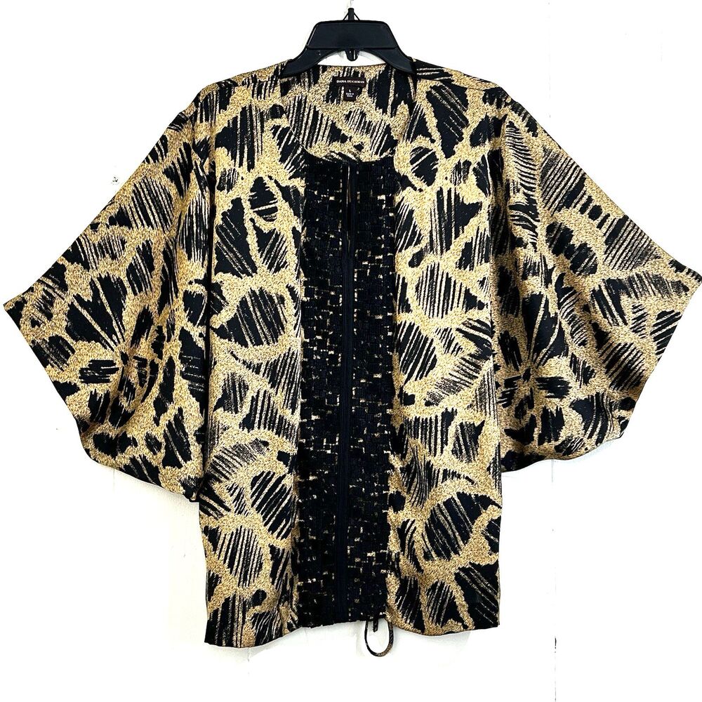 Dana Buchman Blouse Top Size L Black Gold Animal Print Dolman Sleeve Top